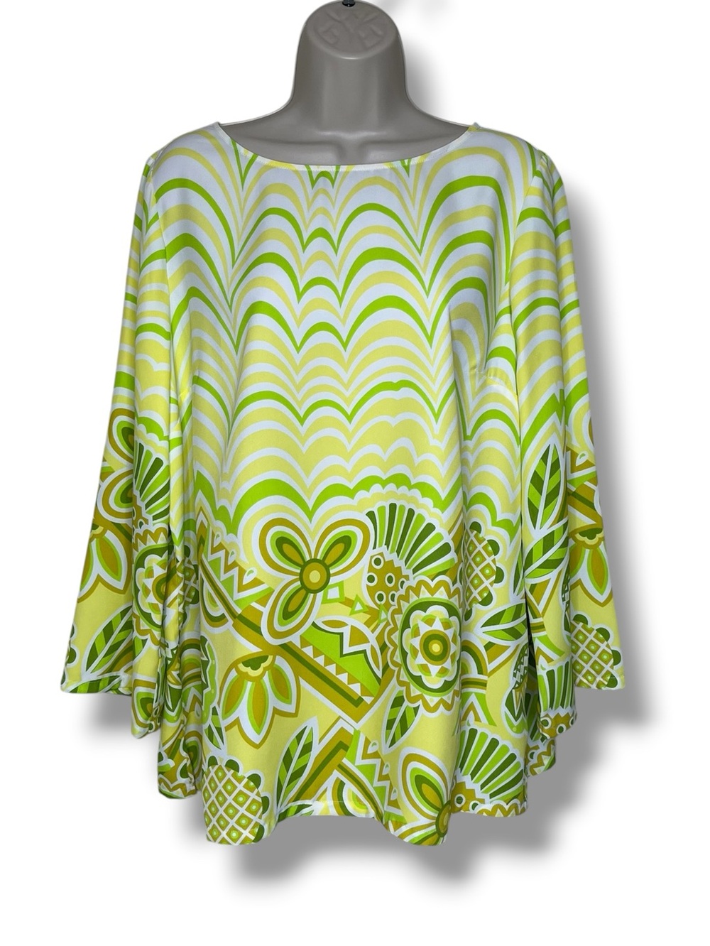 Bob Mackie Wearable Art Lime Green Abstract Floral Tunic Top Large Boat Neck